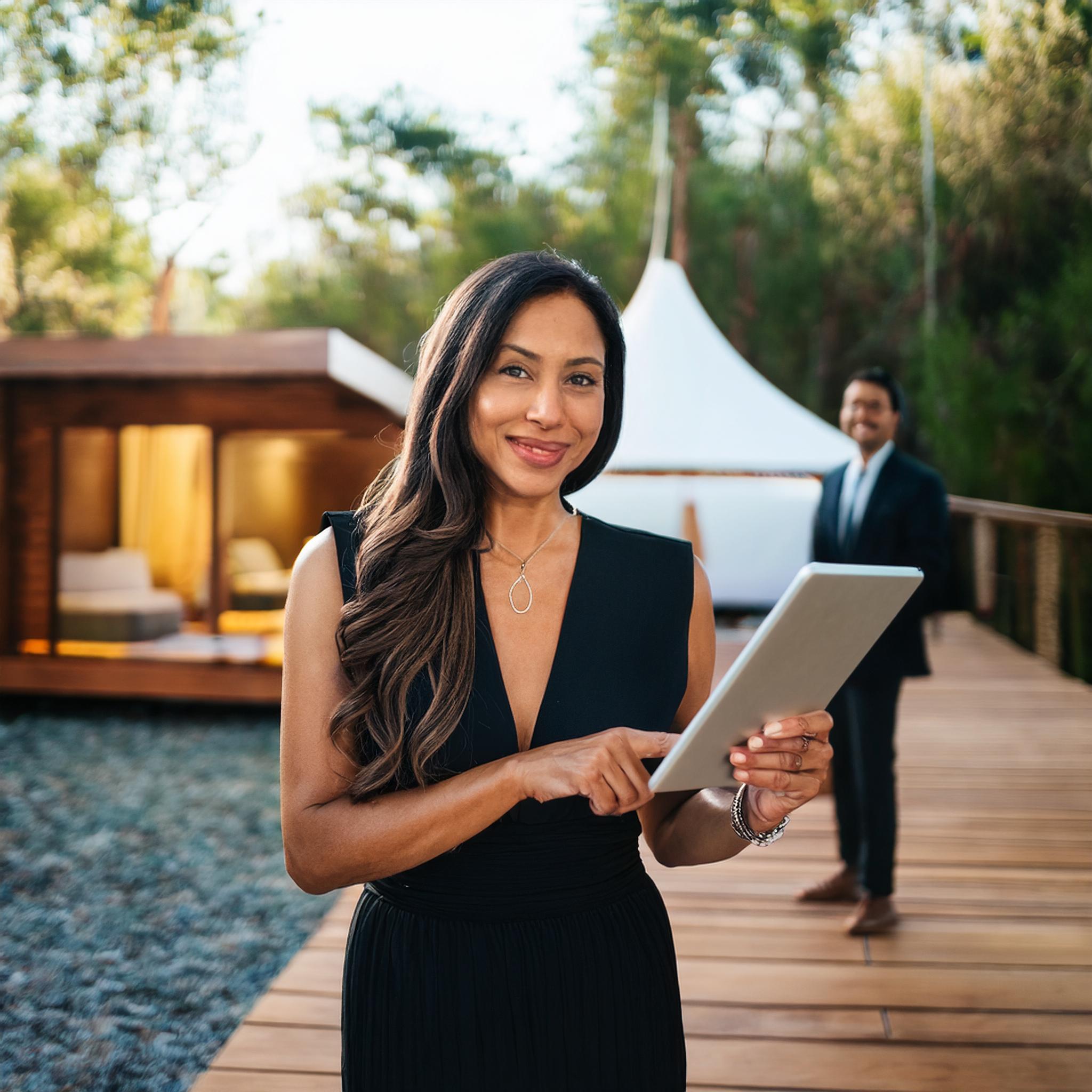 Firefly una mujer hermosa joven ejecutiva sonrie y sostiene un iPad con vestido negro muestra lujoso